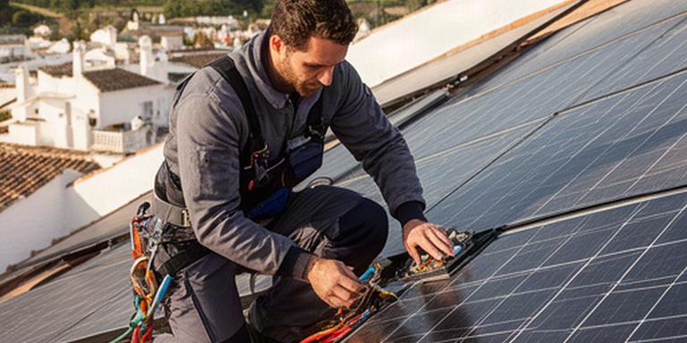 Técnico revisando una instalación fotovoltaica sobre una cubierta residencial de Andalucía