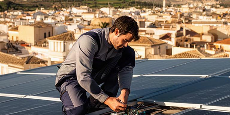 Técnico revisando una instalación solar en una cubierta de Tomares, con el paisaje de Sevilla al fondo