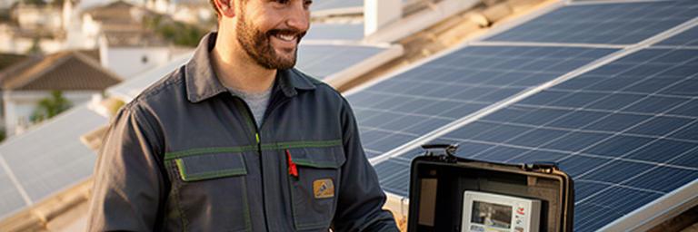 Profesional con herramientas junto a una instalación fotovoltaica residencial en Tomares