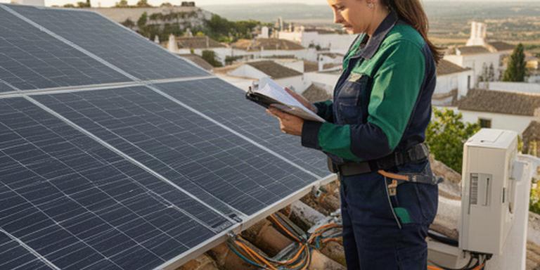 Técnica revisando una instalación fotovoltaica residencial en Tomares, Sevilla